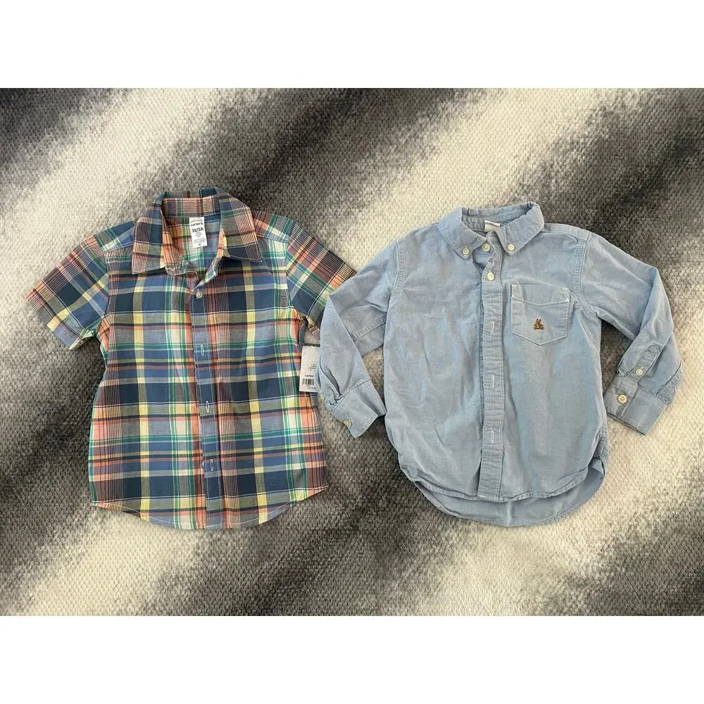 Toddler Boy Plaid Denim Button Up Shirt Bundle Carter's Baby Gap Size 3T - Picture 1 of 5